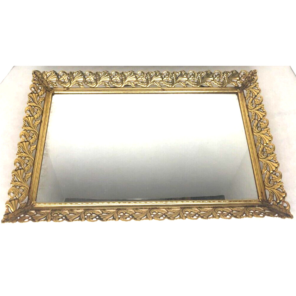 Vintage Dresser Vanity Mirror Tray 15”x10” Hollywood Regency Metal Filigree Gold